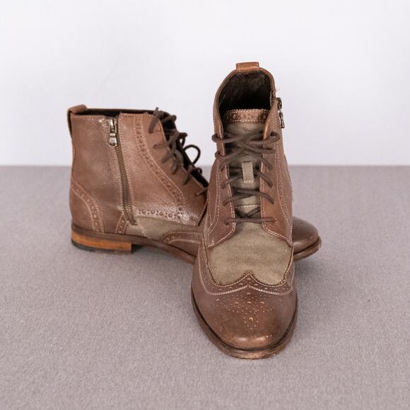 John Varvatos Men's Wingtip Boots SZ 9M Brown Leather + Tan Canvas Brogue Detail - Picture 1 of 14